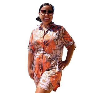 NIP New Born Hawaii Orange Vintage Hibiscus Flowers Button Down Shirt Dress L